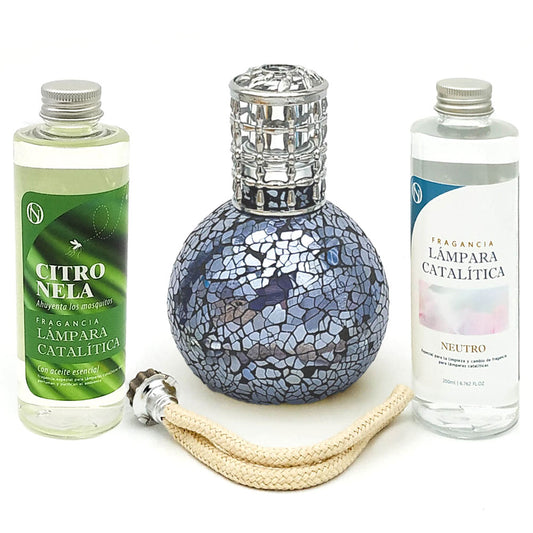 Pack Lámpara Catalítica Mosaico Azul Océano + Fragancia Citronela 500ml + Limpiador Neutro 200ml + Mecha De Repuesto_0