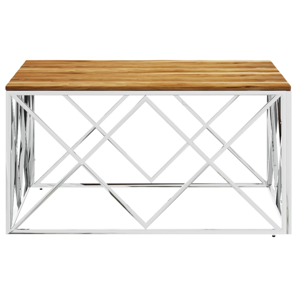 Mesa De Centro Acero Inoxidable Y Madera Maciza Acacia Plateado_1