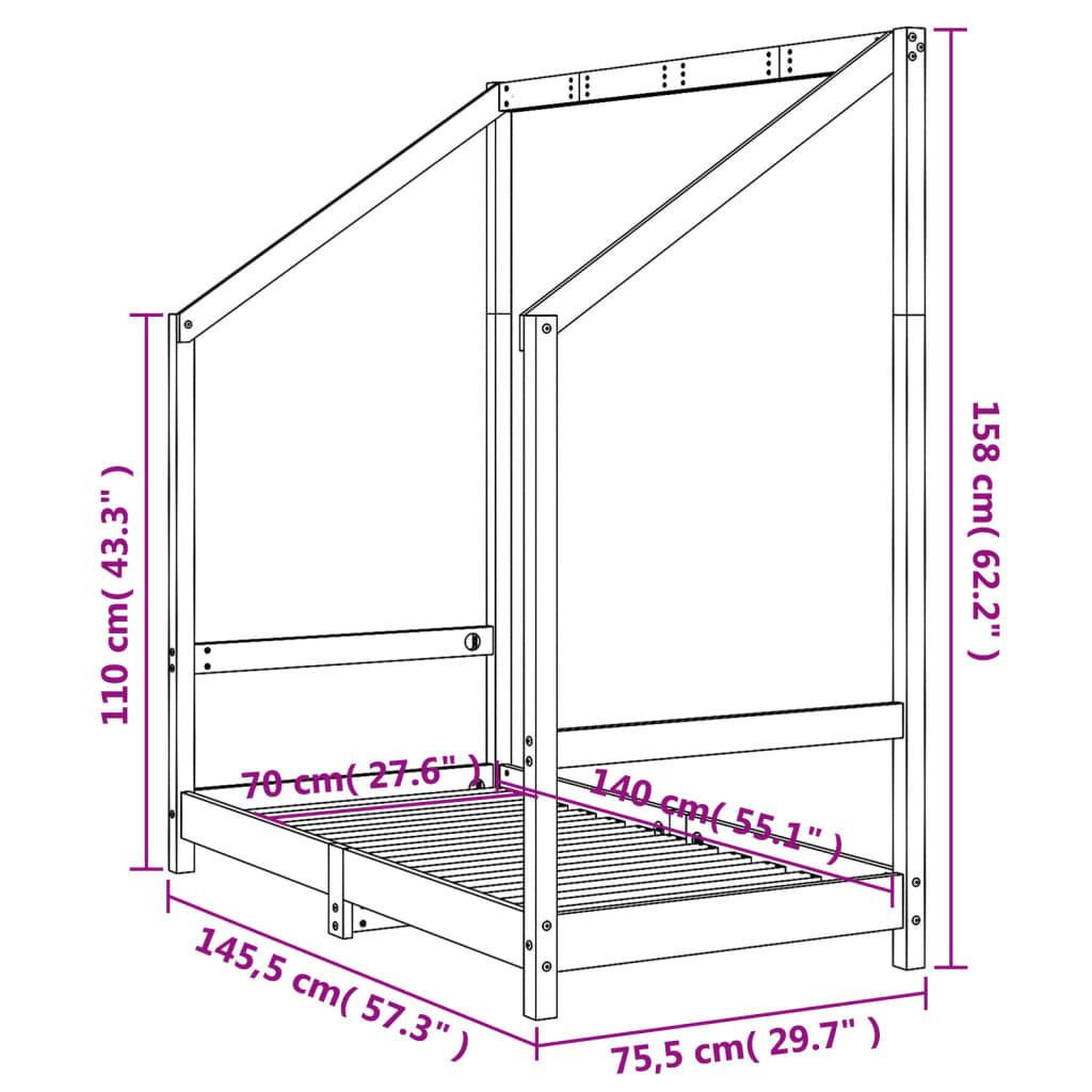 Estructura De Cama Para Niños Madera De Pino Negro 70x140 Cm / Vetonek_4