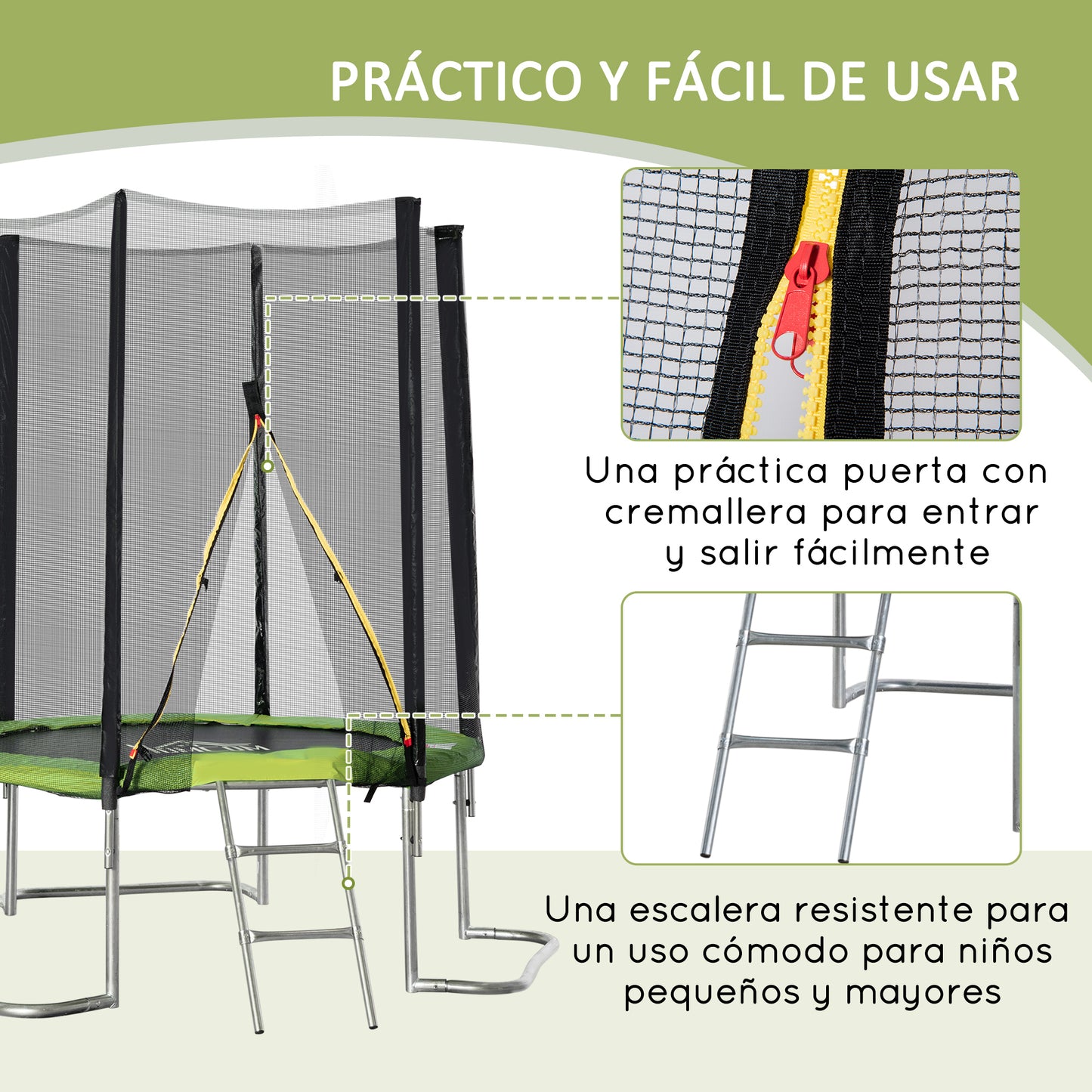 Homcom Cama Elástica Jardín Ø223 Cm Con Red De Seguridad Interior Exterior Verde_5