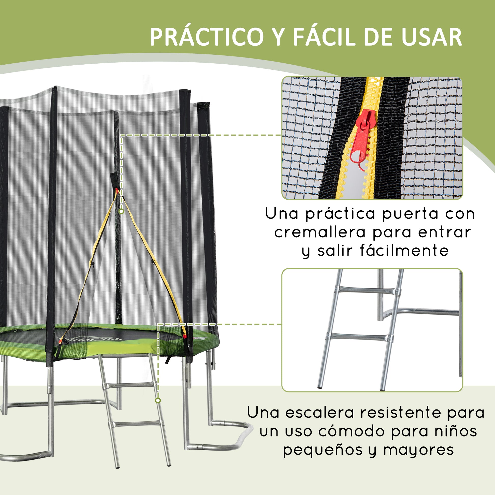 Homcom Cama Elástica Jardín Ø223 Cm Con Red De Seguridad Interior Exterior Verde_5