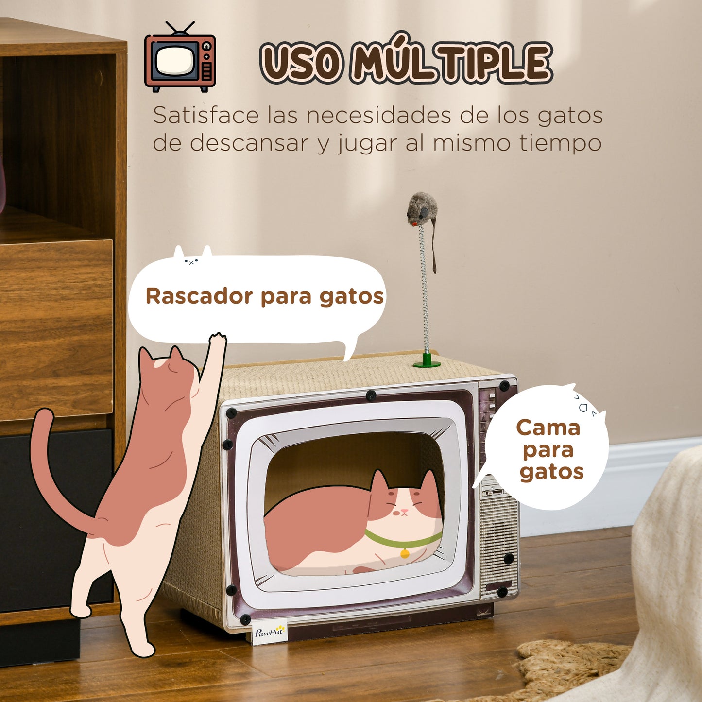 Pawhut Rascador De Cartón Para Gatos En Forma De Televisor 43x23x32,5 Cm Arena_3