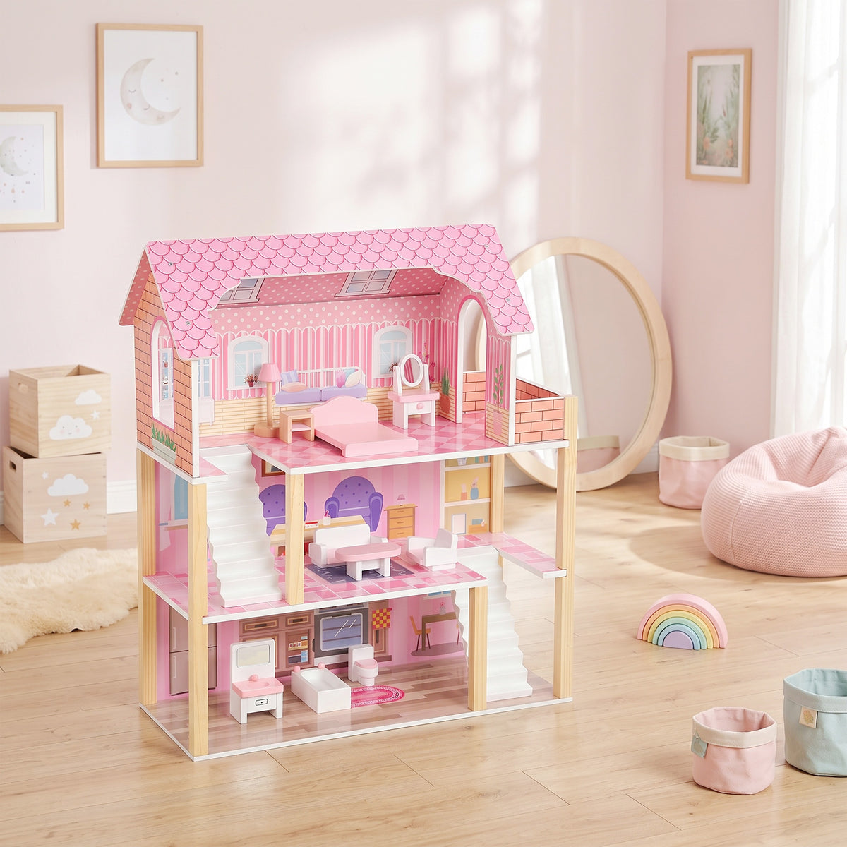 Aiyaplay Casa De Muñecas De Madera 3 Pisos Con Balcón Escaleras 10 Muebles Rosa_1