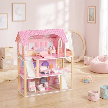 Aiyaplay Casa De Muñecas De Madera 3 Pisos Con Balcón Escaleras 10 Muebles Rosa_1