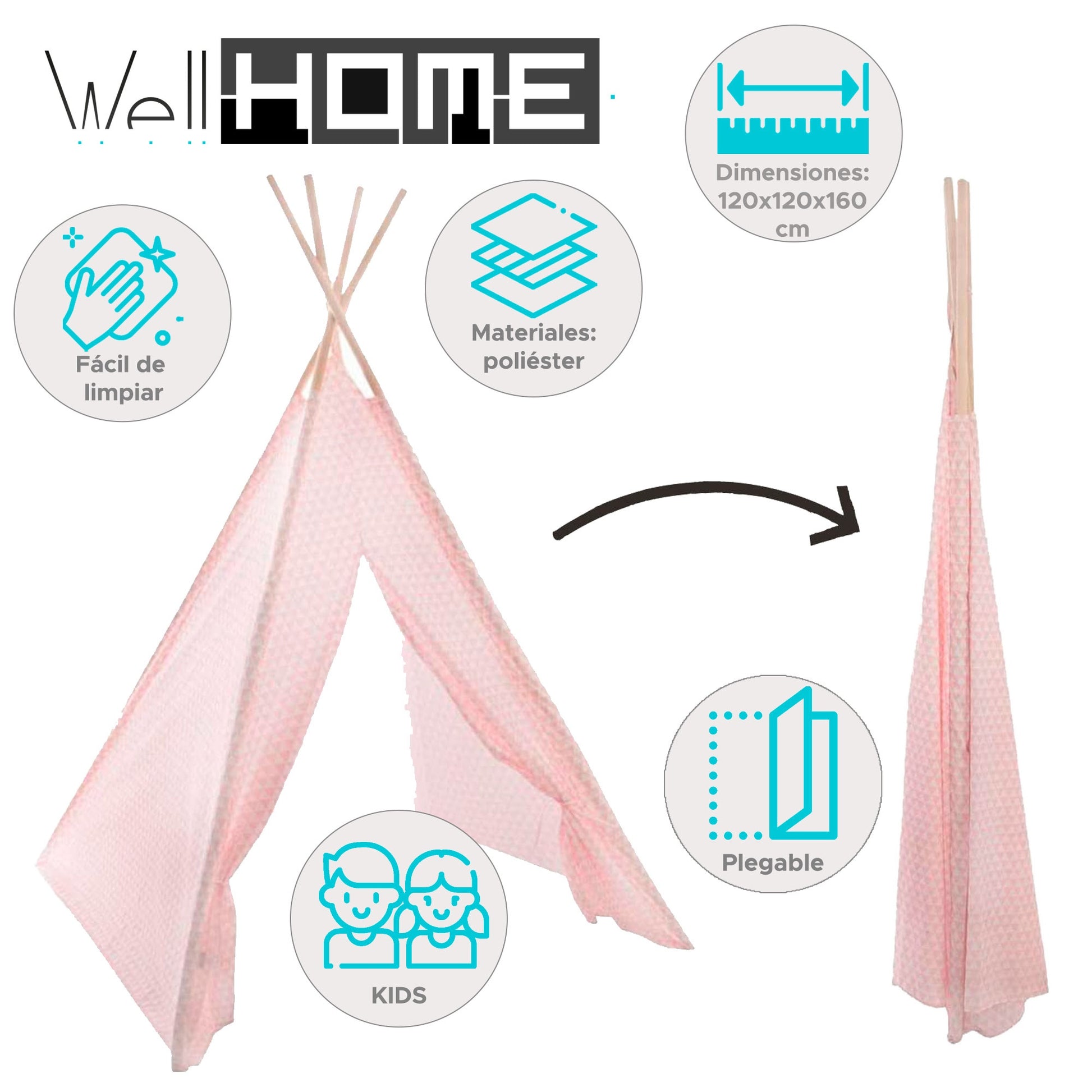 Well Home Tipi Infantil Rosa 120x120x160