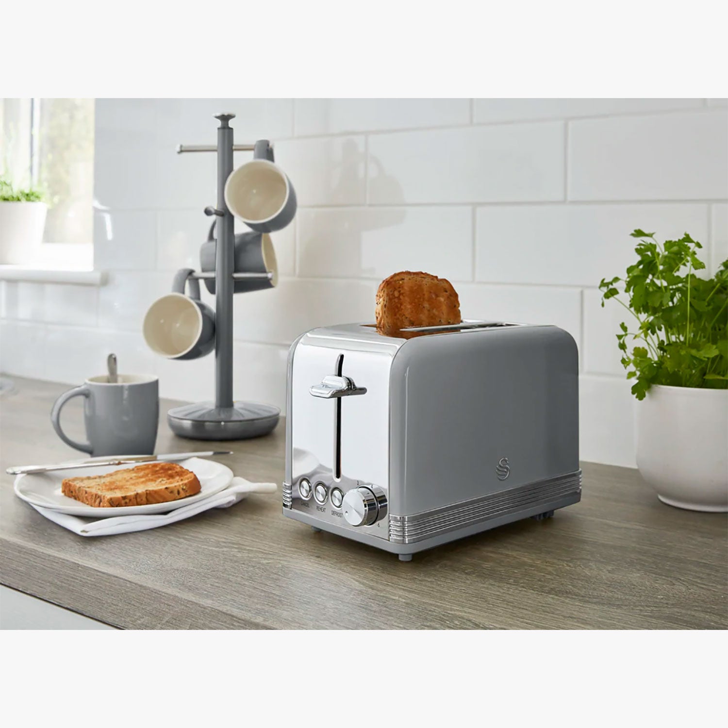 Swan Retro Tostadora Pan Ranura Ancha 2 Rebanadas, Regulador Nivel De Tostado, Descongelación, St19010grneu, Gris 800w_2