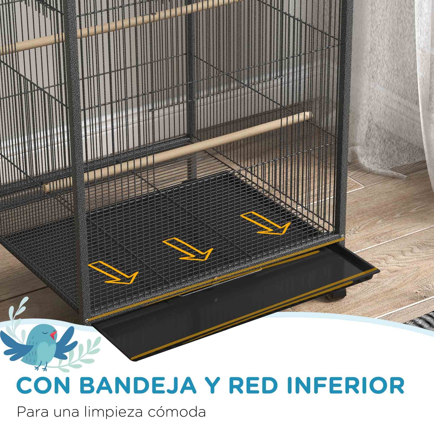 Pawhut Jaula Para Pájaros Con Ruedas Comederos Perchas 48x46x78 Cm Gris_5