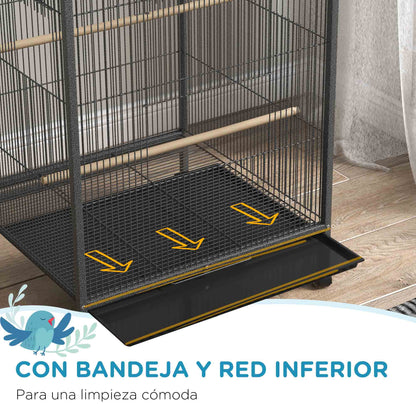 Pawhut Jaula Para Pájaros Con Ruedas Comederos Perchas 48x46x78 Cm Gris_5