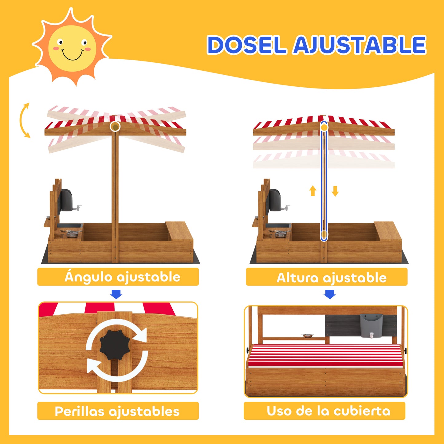 Outsunny Arenero Para Niños De Madera Con Techo Ajustable_3
