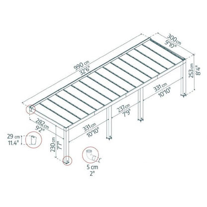 Pérgola adosada de madera de cedro Helsinki 300x990 cm Canopia