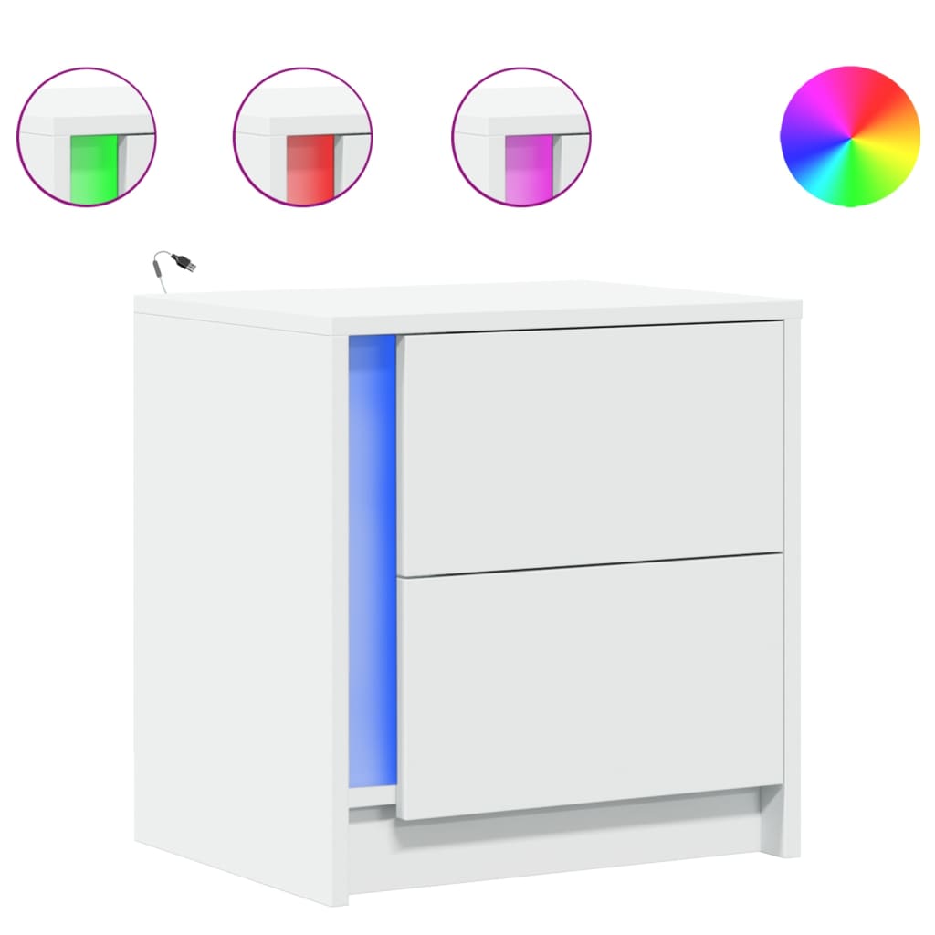 Mesita De Noche Con Luces Led Madera De Ingeniería Blanca_0