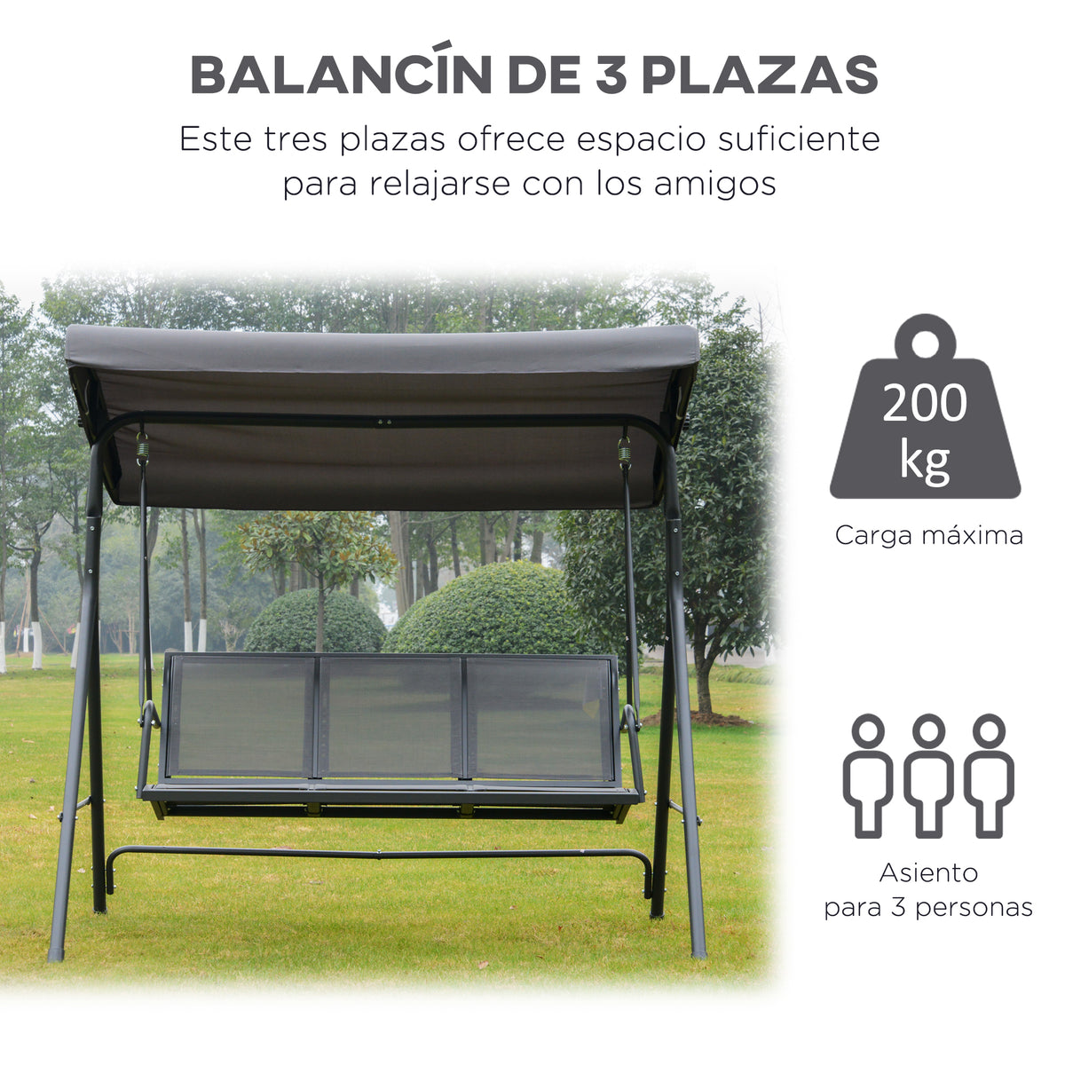 Outsunny Columpio Balancín De Jardín De 3 Plazas Con Techo Ajustable 175x118x159 Cm Gris_5