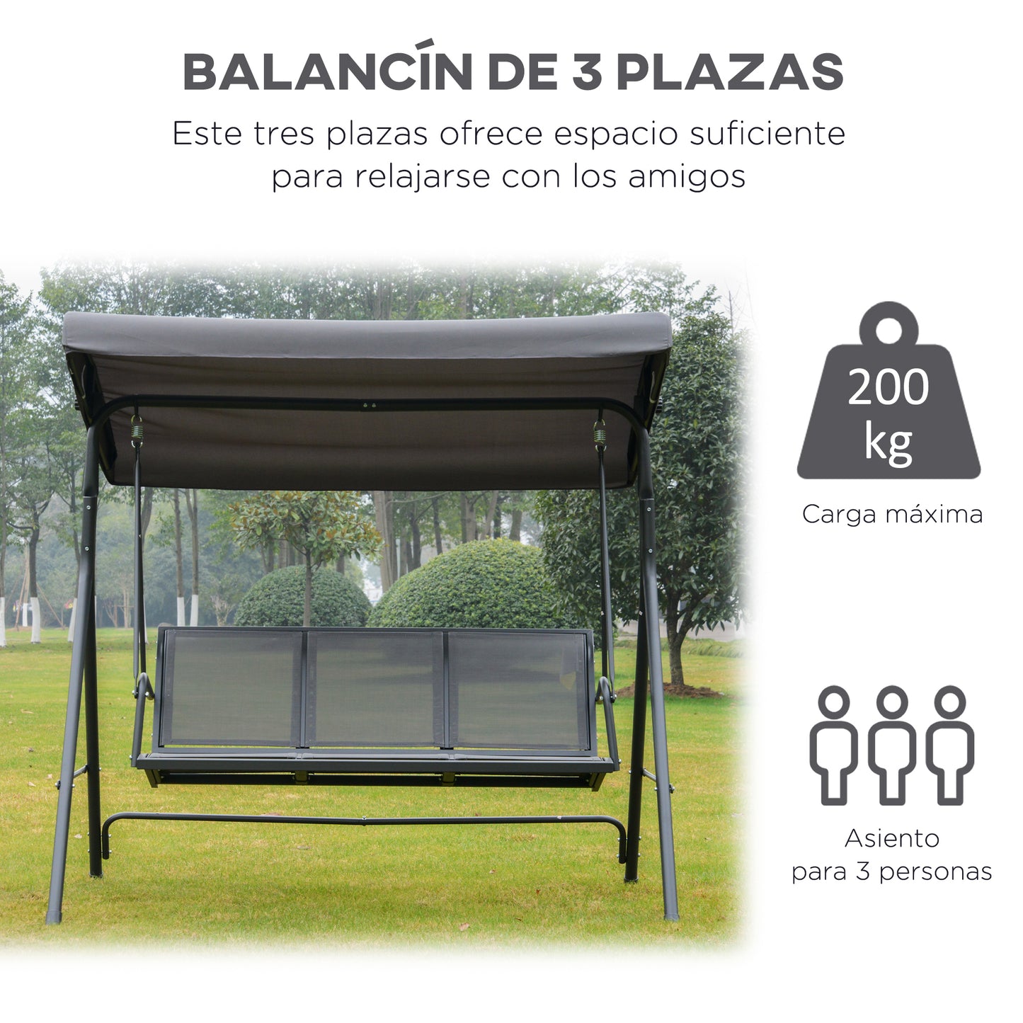 Outsunny Columpio Balancín De Jardín De 3 Plazas Con Techo Ajustable 175x118x159 Cm Gris_5
