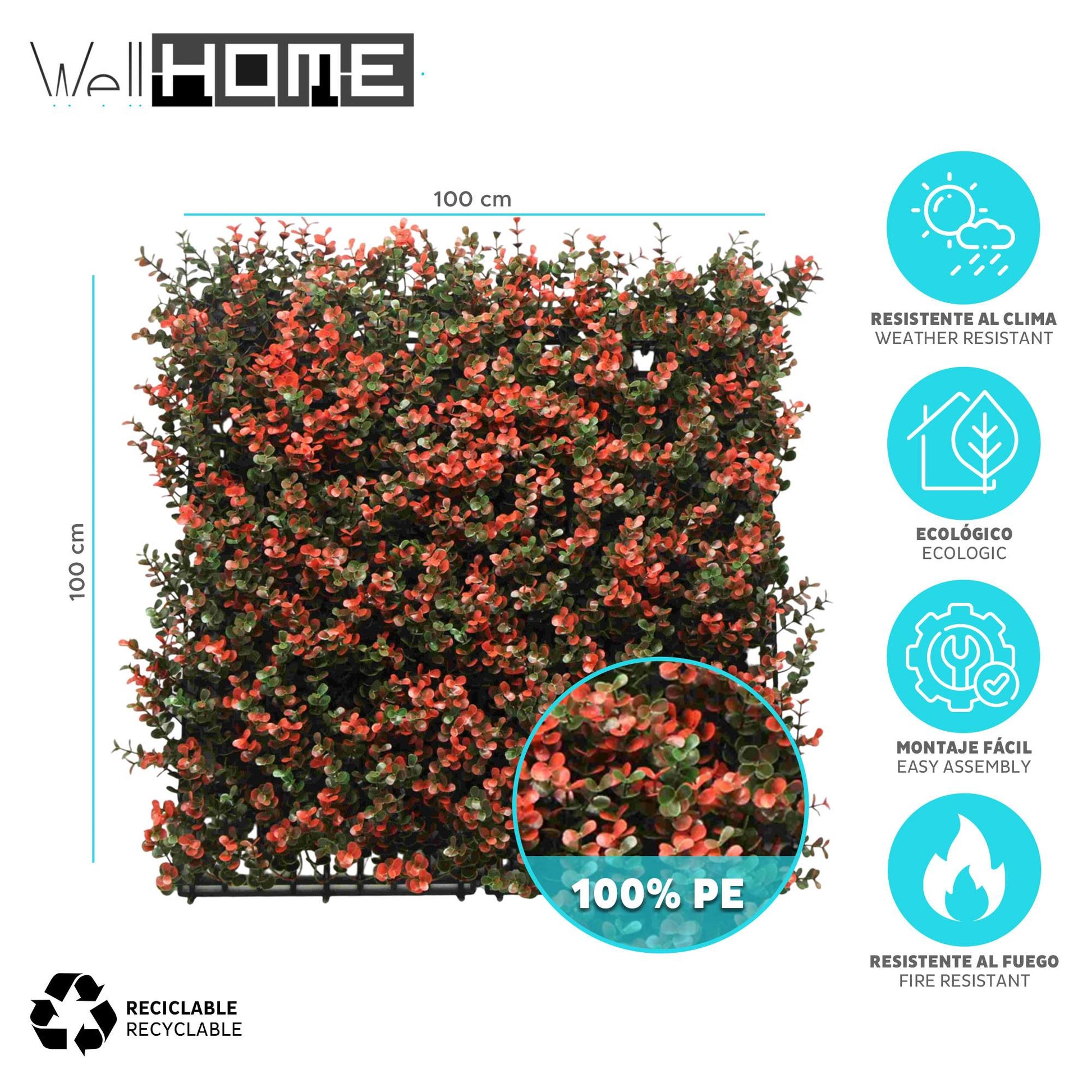 Jardín Vertical Artificial 100x100cm Well Home Con Flores Rojas Realistas