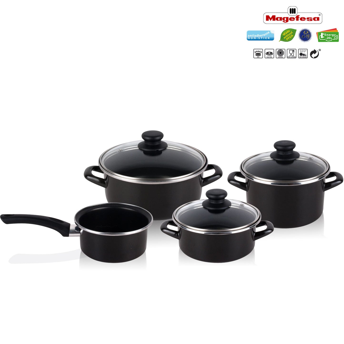 Bateria De Cocina 7 Piezas + Set Juego 3 Sartenes 18-20-24cm, Acero Vitrificado 820ºc, Libre Pfoa Magefesa Kenia, Negro