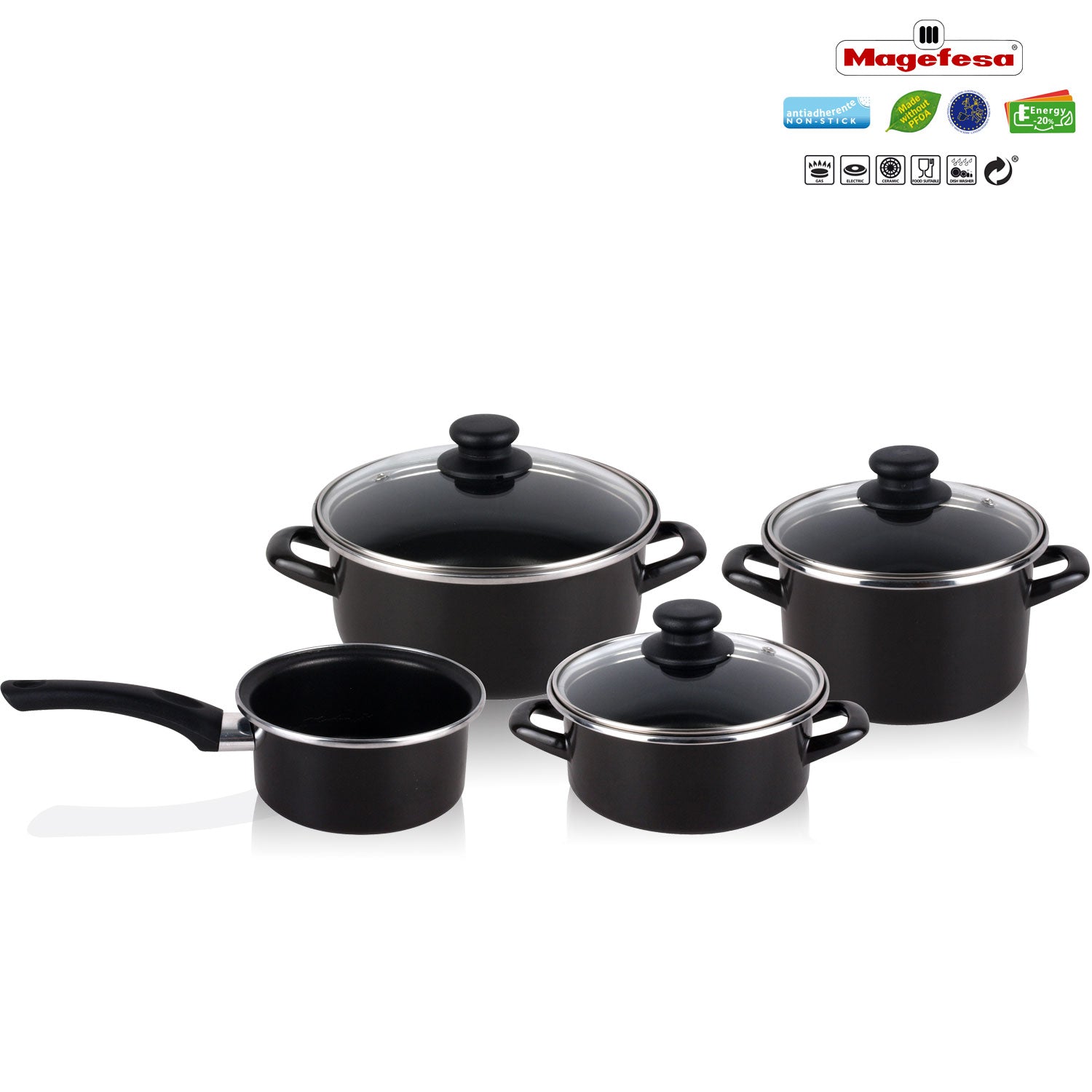 Bateria De Cocina 7 Piezas + Set Juego 3 Sartenes 18-20-24cm, Acero Vitrificado 820ºc, Libre Pfoa Magefesa Kenia, Negro