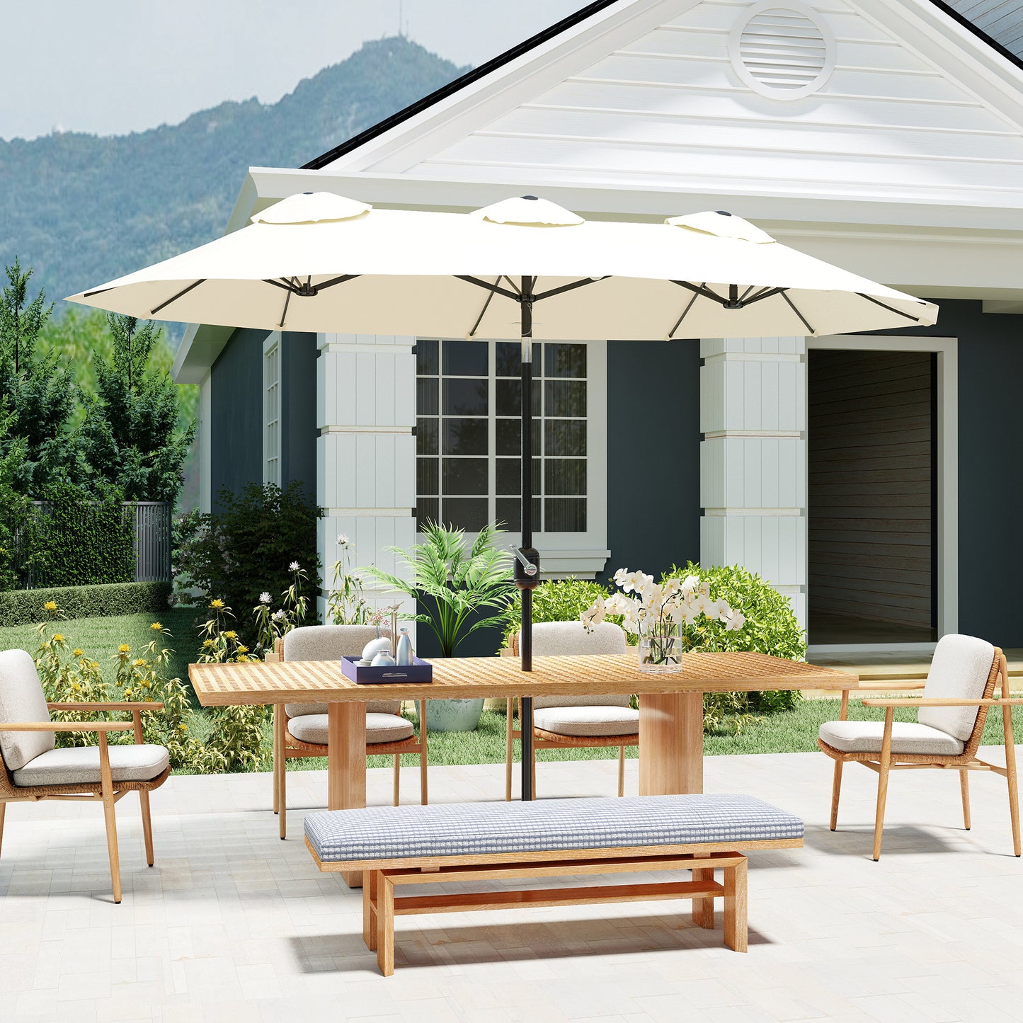 Outsunny Sombrilla Doble 295x152x222 Cm Con Inclinación De 45° Manivela Crema_4