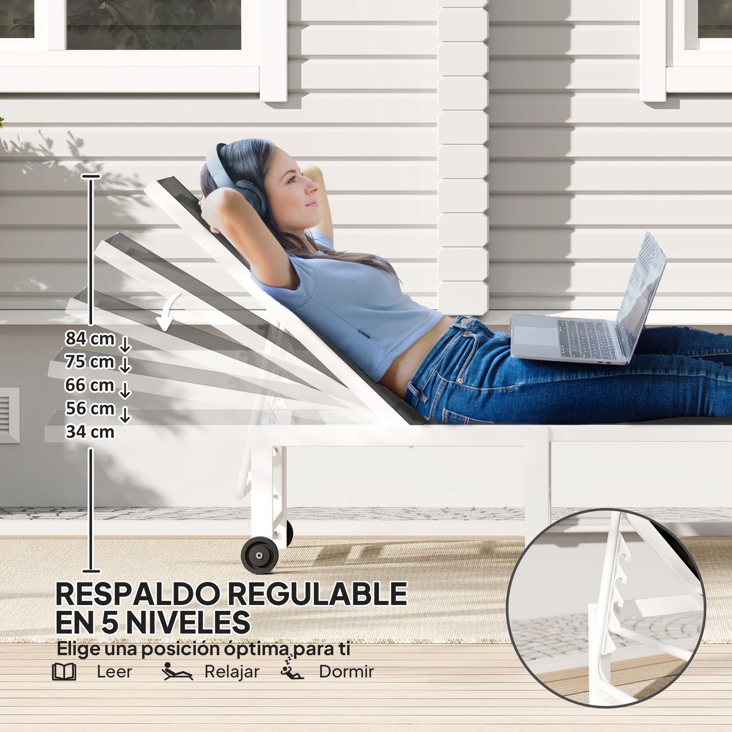 Outsunny Tumbona Jardín Exterior Con Ruedas Respaldo Ajustable 166x60x84 Cm Gris_3