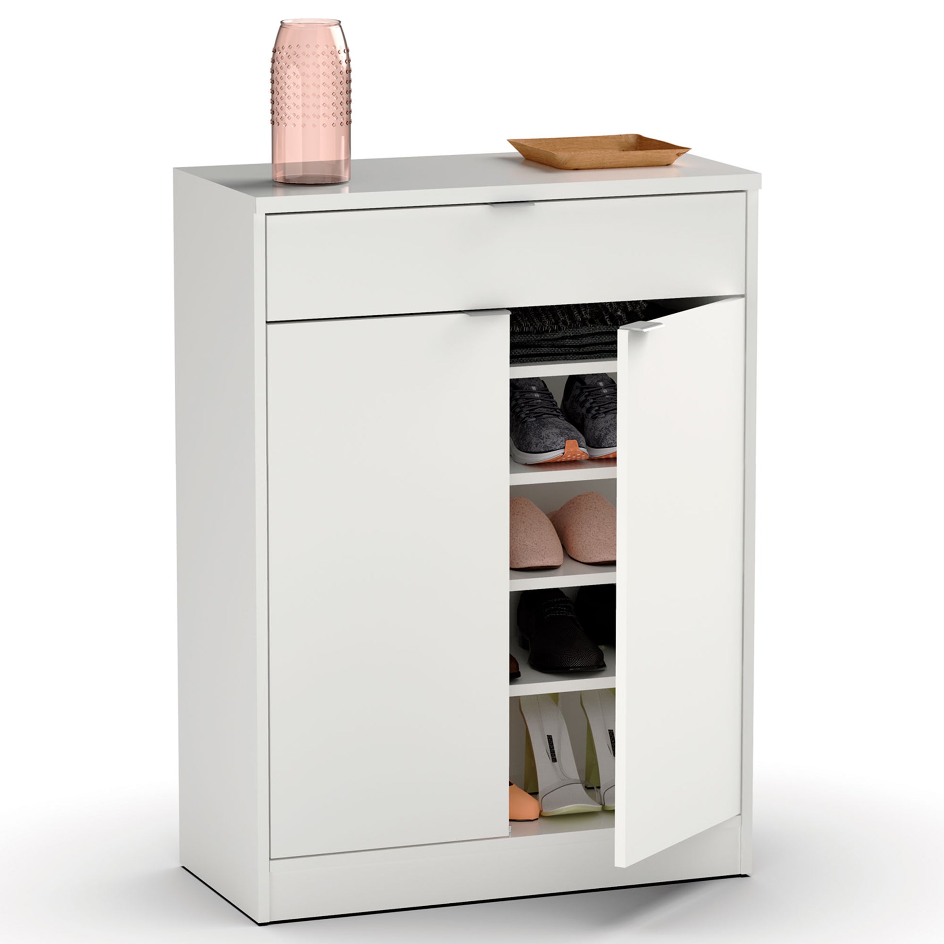 Zapatero Entrada Recibidor, Mueble Auxiliar Estrecho Zapatos, 2 Puertas, 1 Cajón 101x75x36 Cm, Briebe, Domus, Blanco