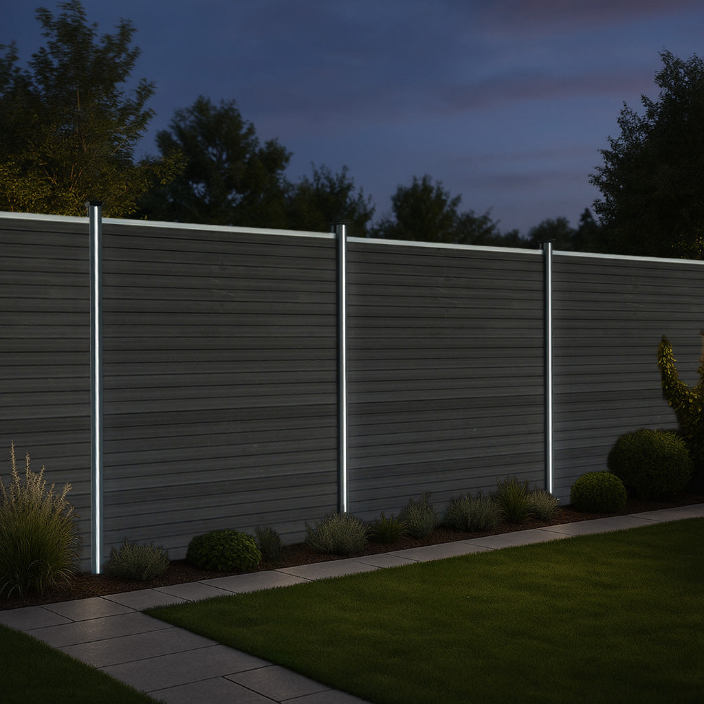 Vallas Para Exteriores De Wpc Y Aluminio - 4x Paneles Cuadrados + 1x Oblicuo + 5x Postes Con Led | Gris_3