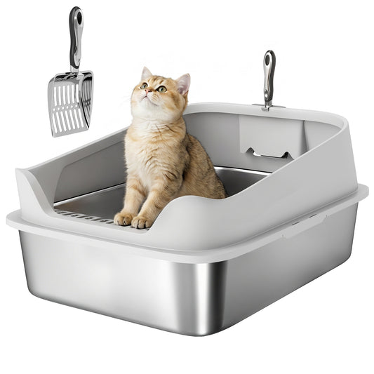 Pawhut Arenero Para Gatos De Acero Inoxidable Xxl Con Borde Alto 70x50x30cm Gris_0