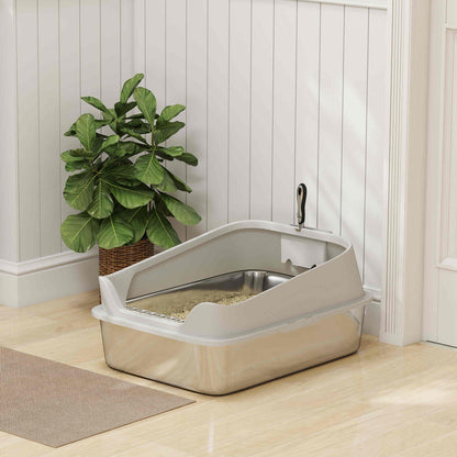 Pawhut Arenero Para Gatos De Acero Inoxidable Xxl Con Borde Alto 70x50x30cm Gris_1