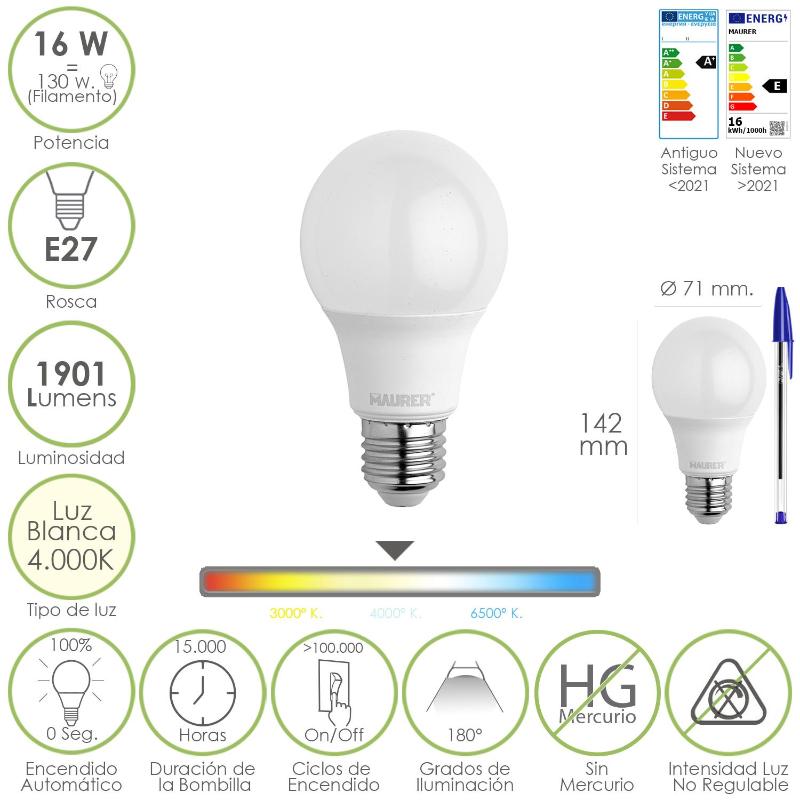 Bombilla Led Estandar Rosca E27. 16 Watt. Equivale A 130 Watt. 1901 Lumenes. Luz Blanca 4000º K.)_0