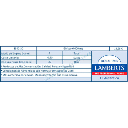 Ginkgo Biloba 6.000 mg, Lamberts 180 tabletas