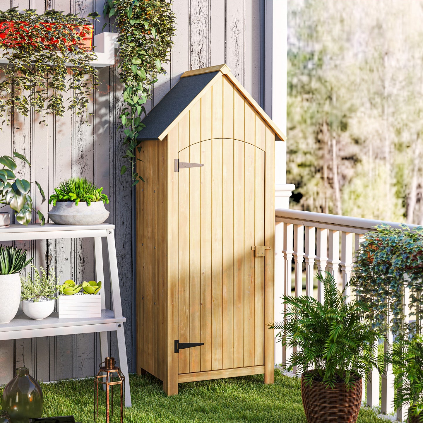 Outsunny Caseta Jardín Exterior De Madera 77,5x54,2x179,5 Cm 0,3 M² Con Estantes_3
