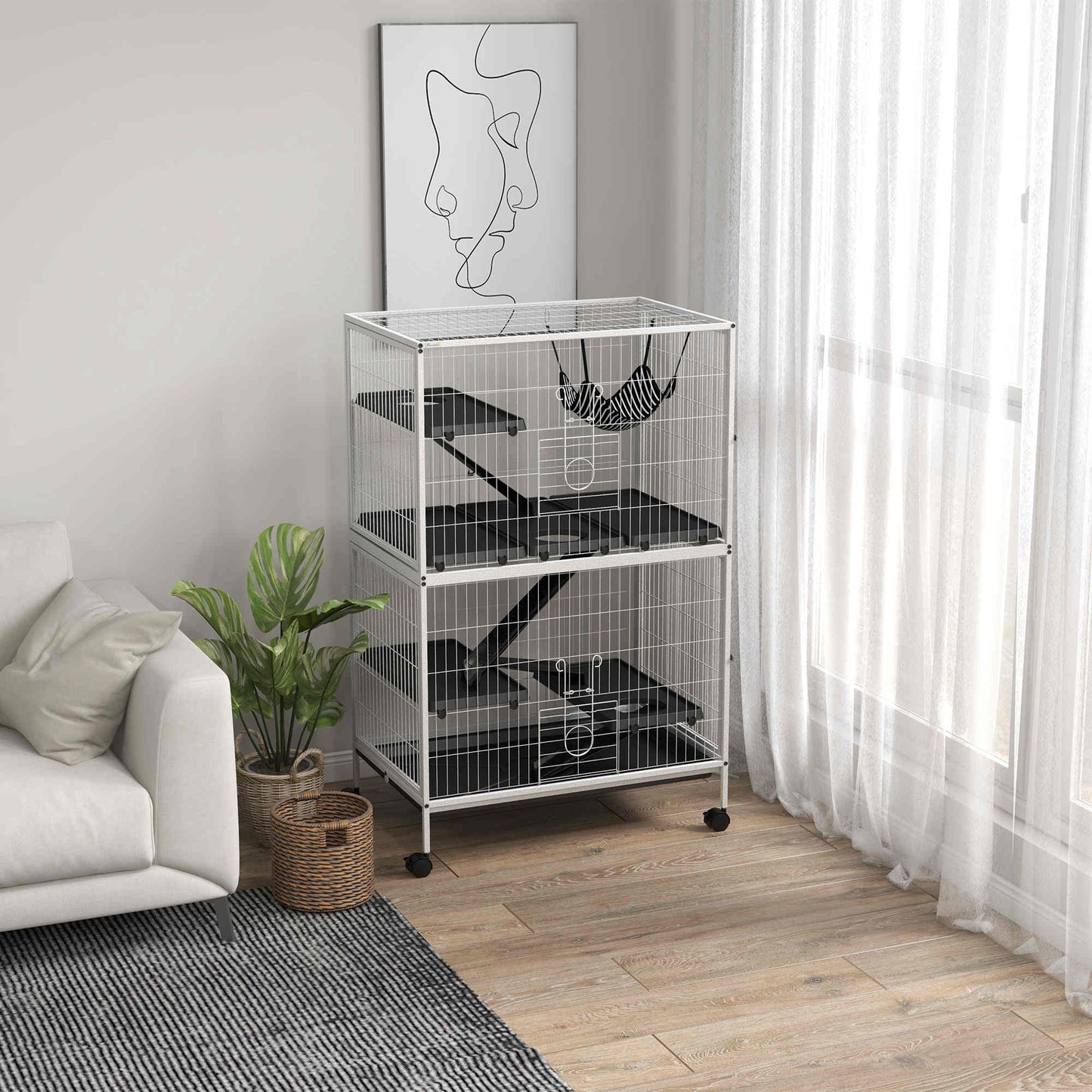 Pawhut Jaula Para Animales Pequeños De 4 Niveles Con Ruedas 80x52x128 Cm Blanco_1