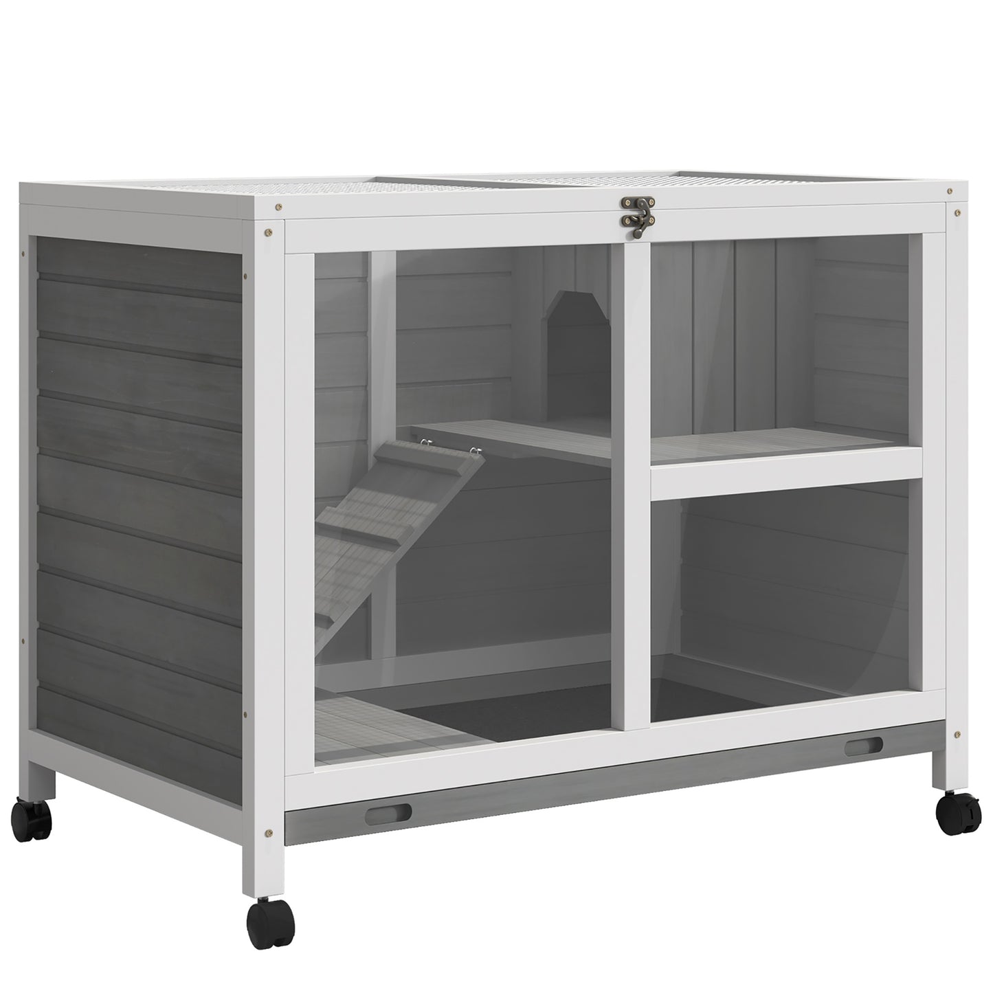 Pawhut Conejera De Madera Con Ruedas 91,5x53,3x73 Cm Techo Abatible Bandeja_0
