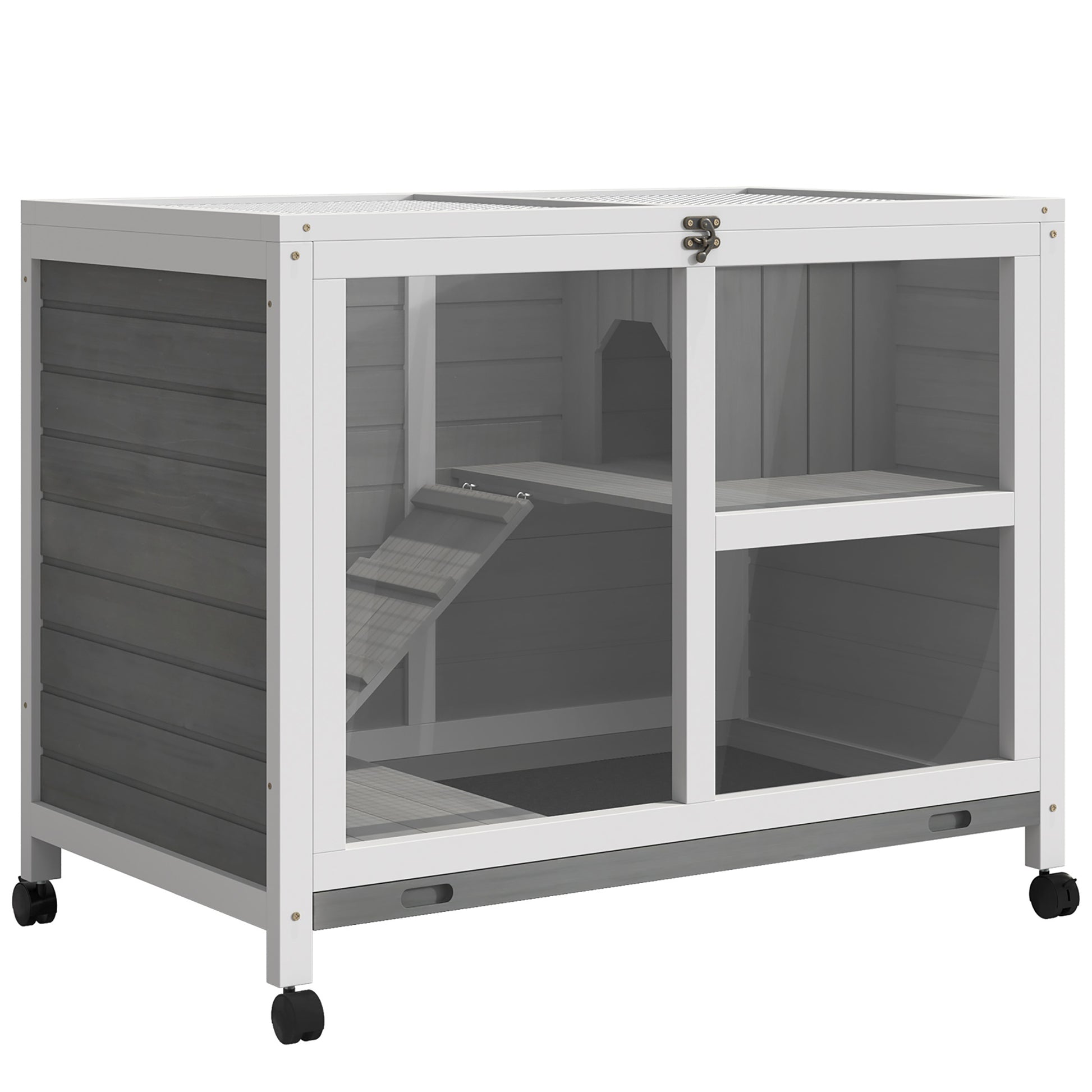 Pawhut Conejera De Madera Con Ruedas 91,5x53,3x73 Cm Techo Abatible Bandeja_0