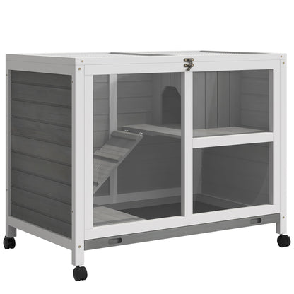 Pawhut Conejera De Madera Con Ruedas 91,5x53,3x73 Cm Techo Abatible Bandeja_0