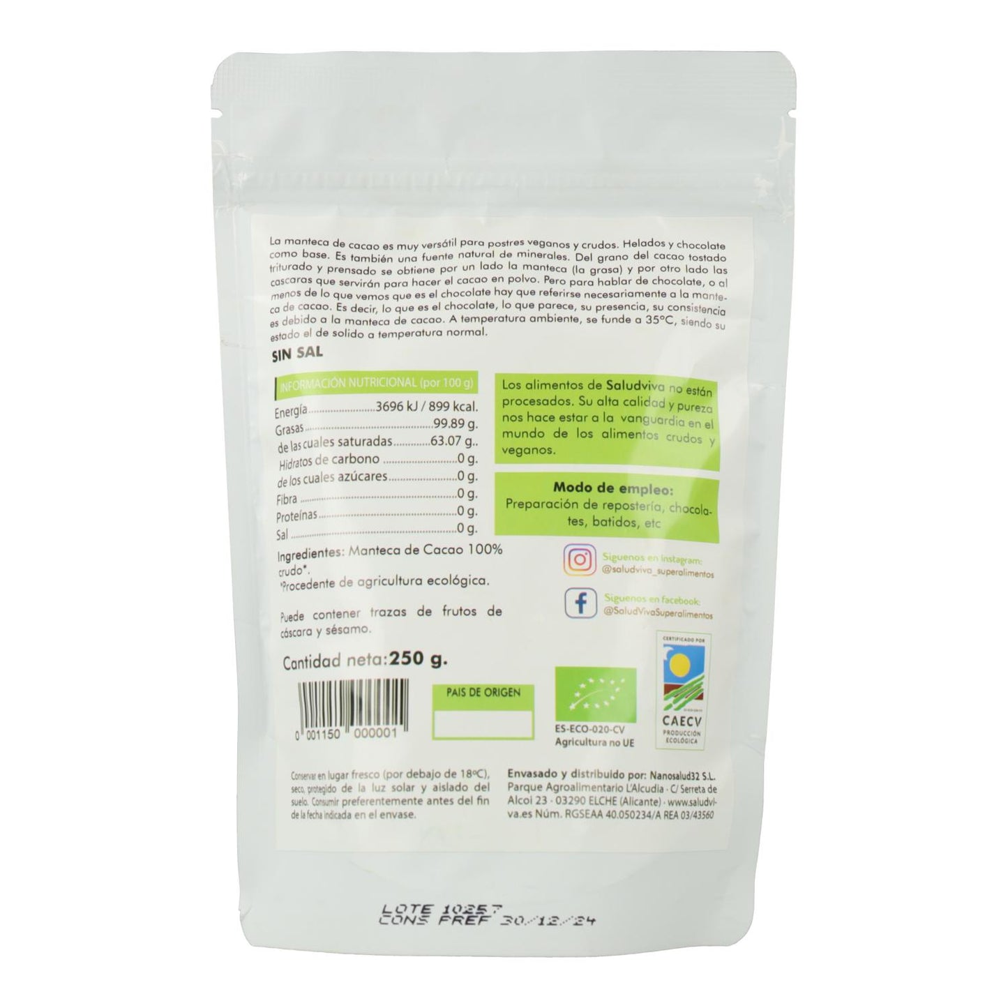 Manteca de cacao en obleas ECO 250 g, Salud Viva