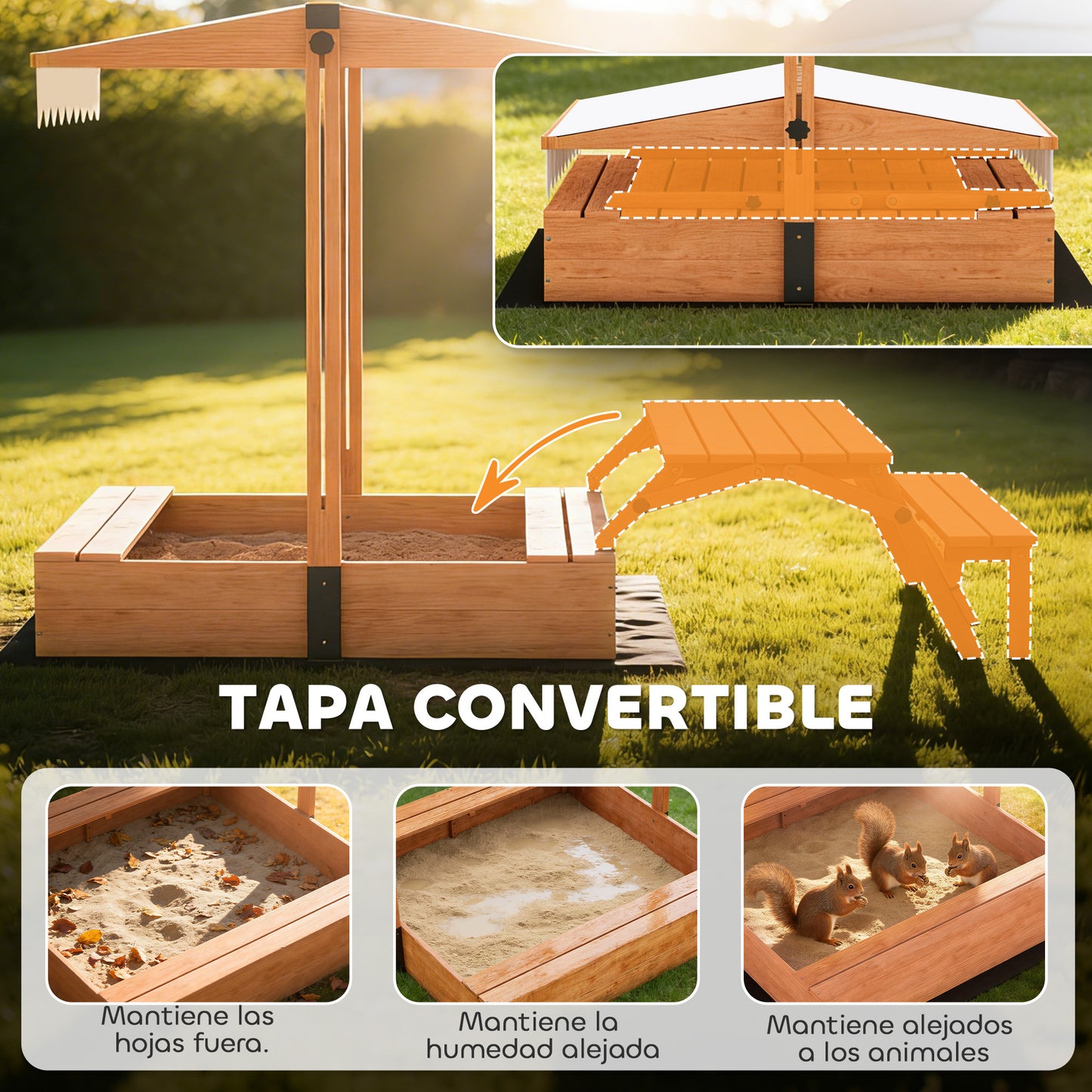 Aiyaplay Arenero Para Niños De Madera Con Toldo Ajustable Mesa Con Bancos Marrón_5