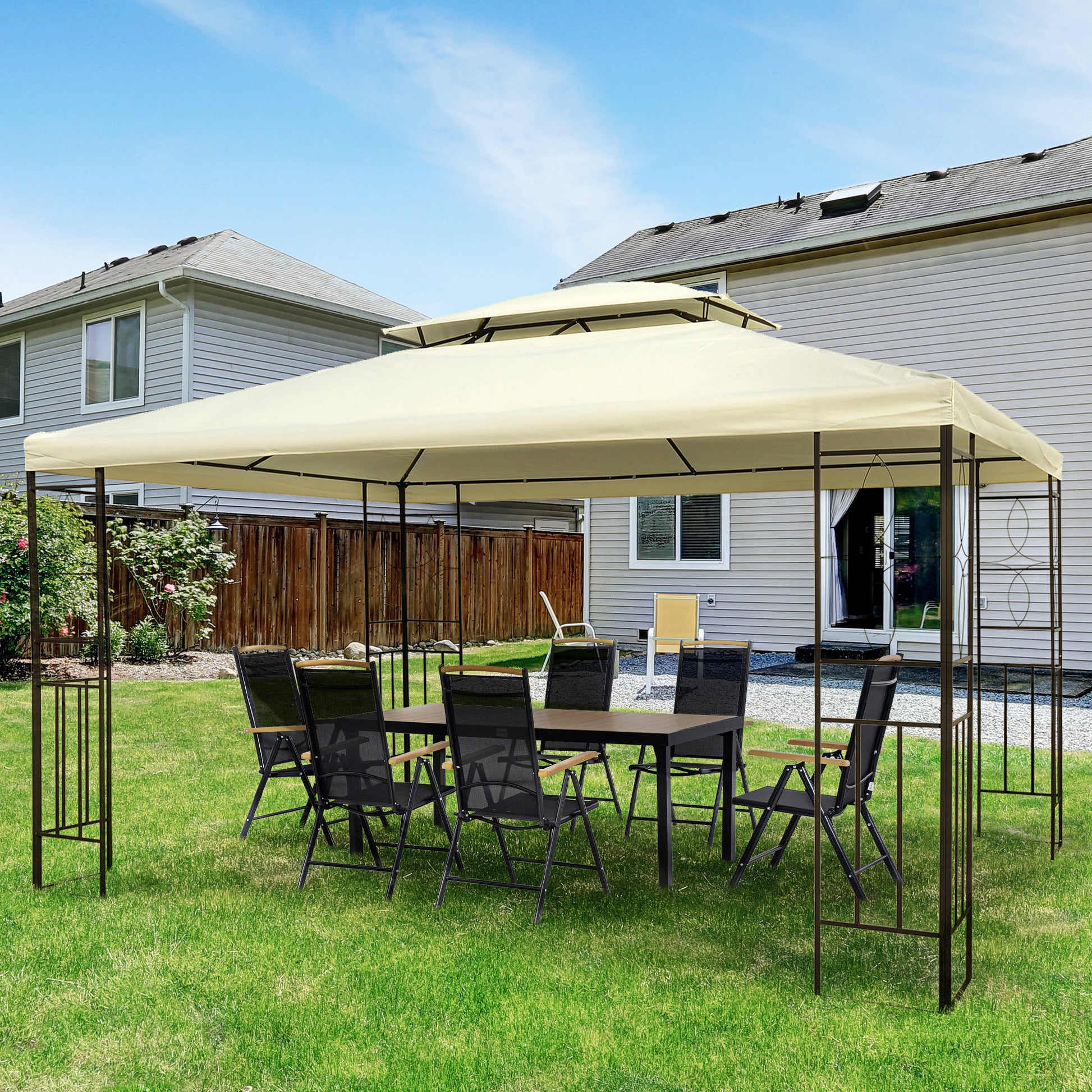 Outsunny Cenador De Jardín 4x3 M Pabellón De Jardín Con Doble Techo Crema_4