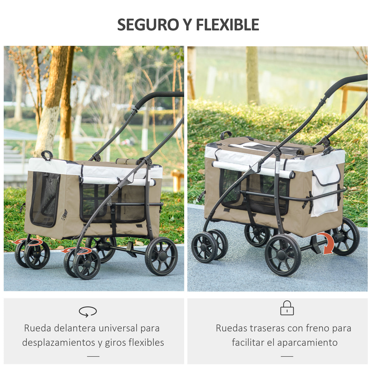 Pawhut Carrito Para Perros Plegable Con Vagón Desmontable Y Cojín Caqui_5