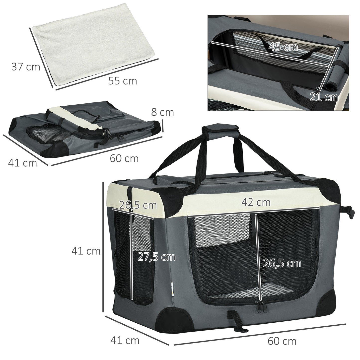 Pawhut Transportín Para Perros Gatos Plegable Cojín Suave 60x41x41 Cm Gris_2