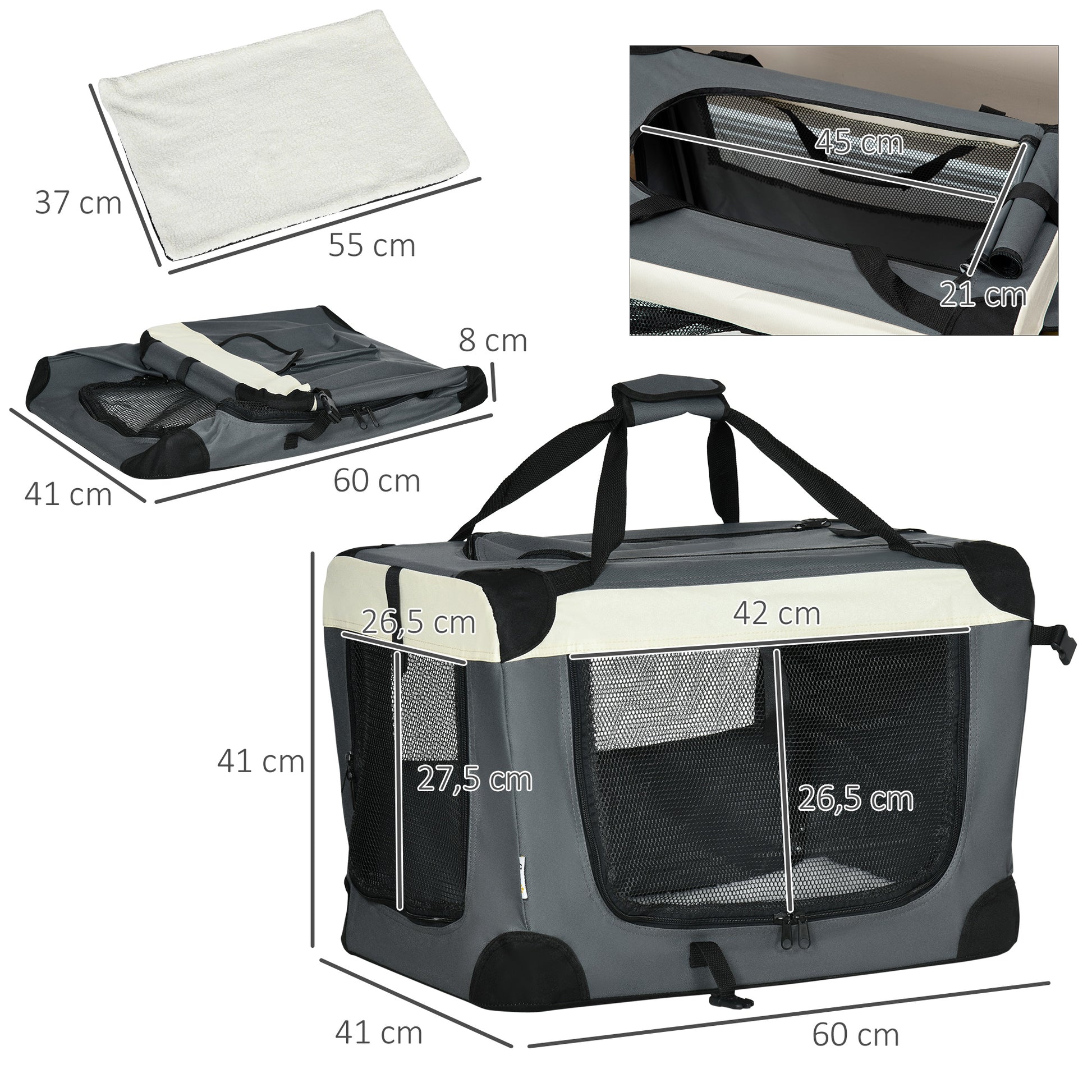 Pawhut Transportín Para Perros Gatos Plegable Cojín Suave 60x41x41 Cm Gris_2