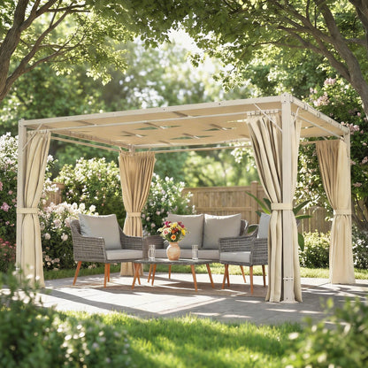 Outsunny Pérgola De Jardín 3x4 M Con Techo Ondulado Upf50+ Y Cortinas Beige_4