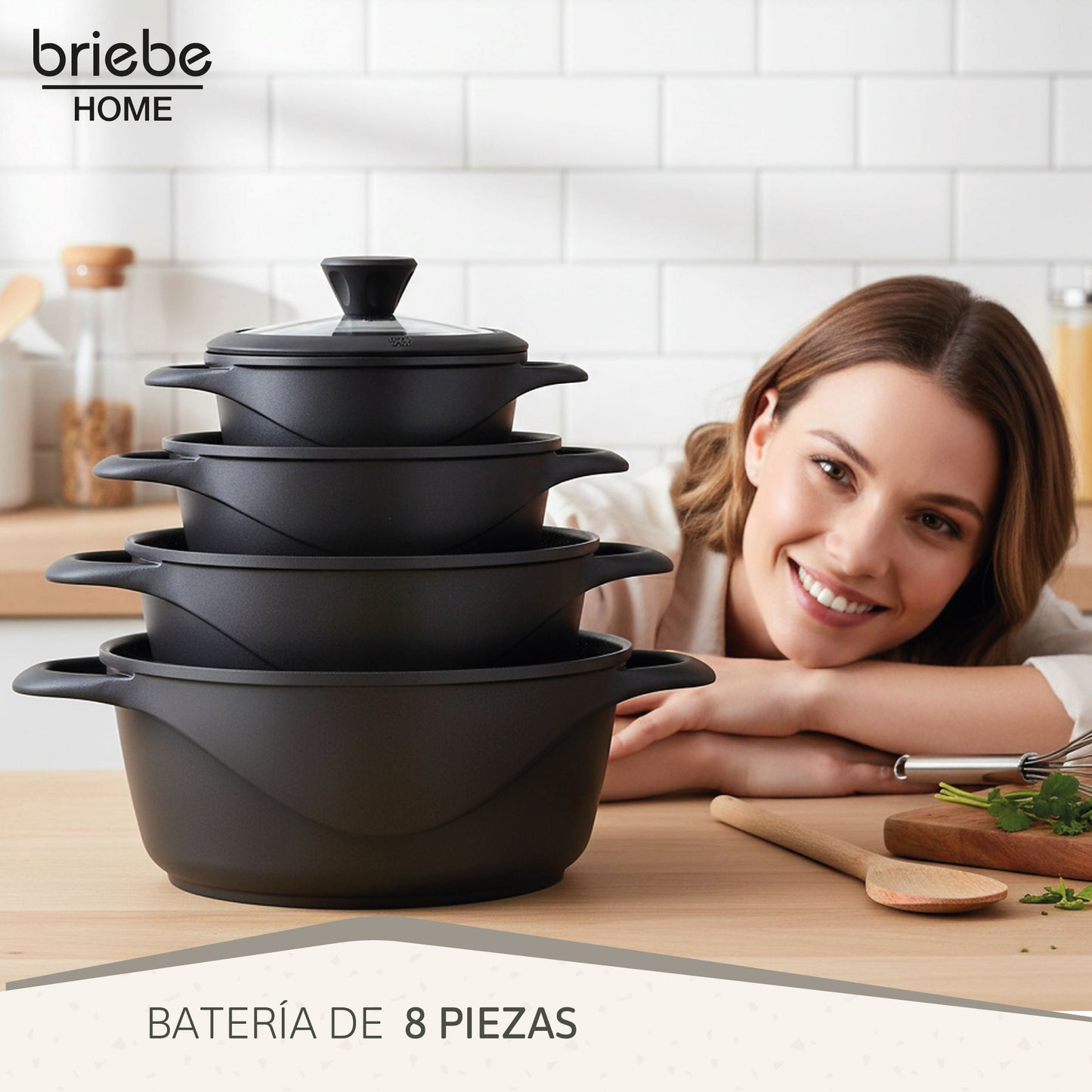 Briebe Batería De Cocina Inducción 8 Piezas Aluminio Fundido 4 Ollas Con Tapa De Cristal Antiadherente, Mgk12s, Negro_1