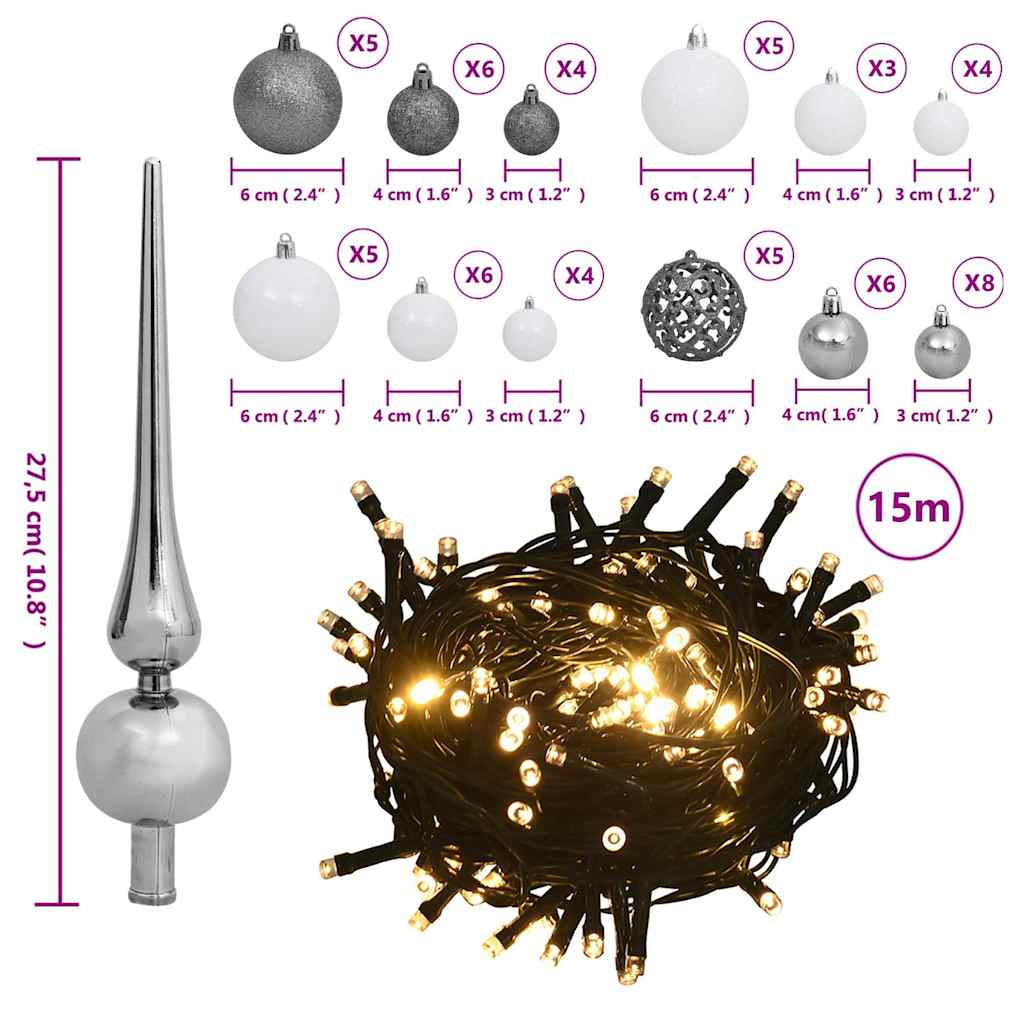 Vidaxl Set De Bolas De Navidad 61 Pzas Con Pico 150 Led Blanco Y Gris_2