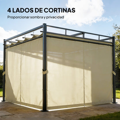 Outsunny Pérgola De Jardín 3x3 M Con Techo Retráctil Y 4 Cortinas_4