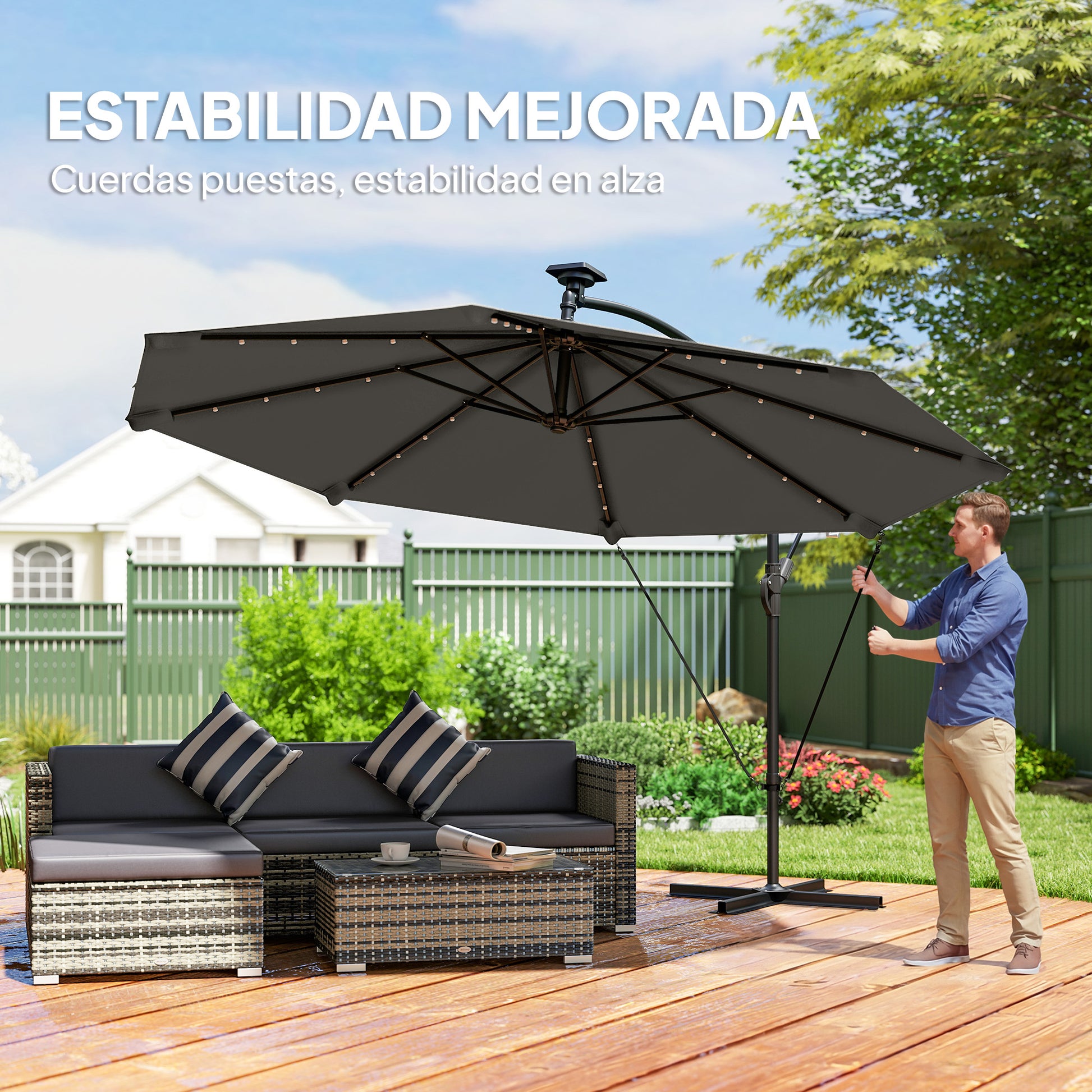 Outsunny Parasol Excéntrico De Aluminio Con Luces Led Base Cruzada Ø345 Cm Gris_5