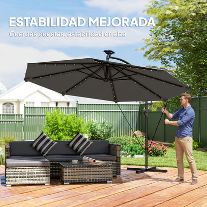 Outsunny Parasol Excéntrico De Aluminio Con Luces Led Base Cruzada Ø345 Cm Gris_5