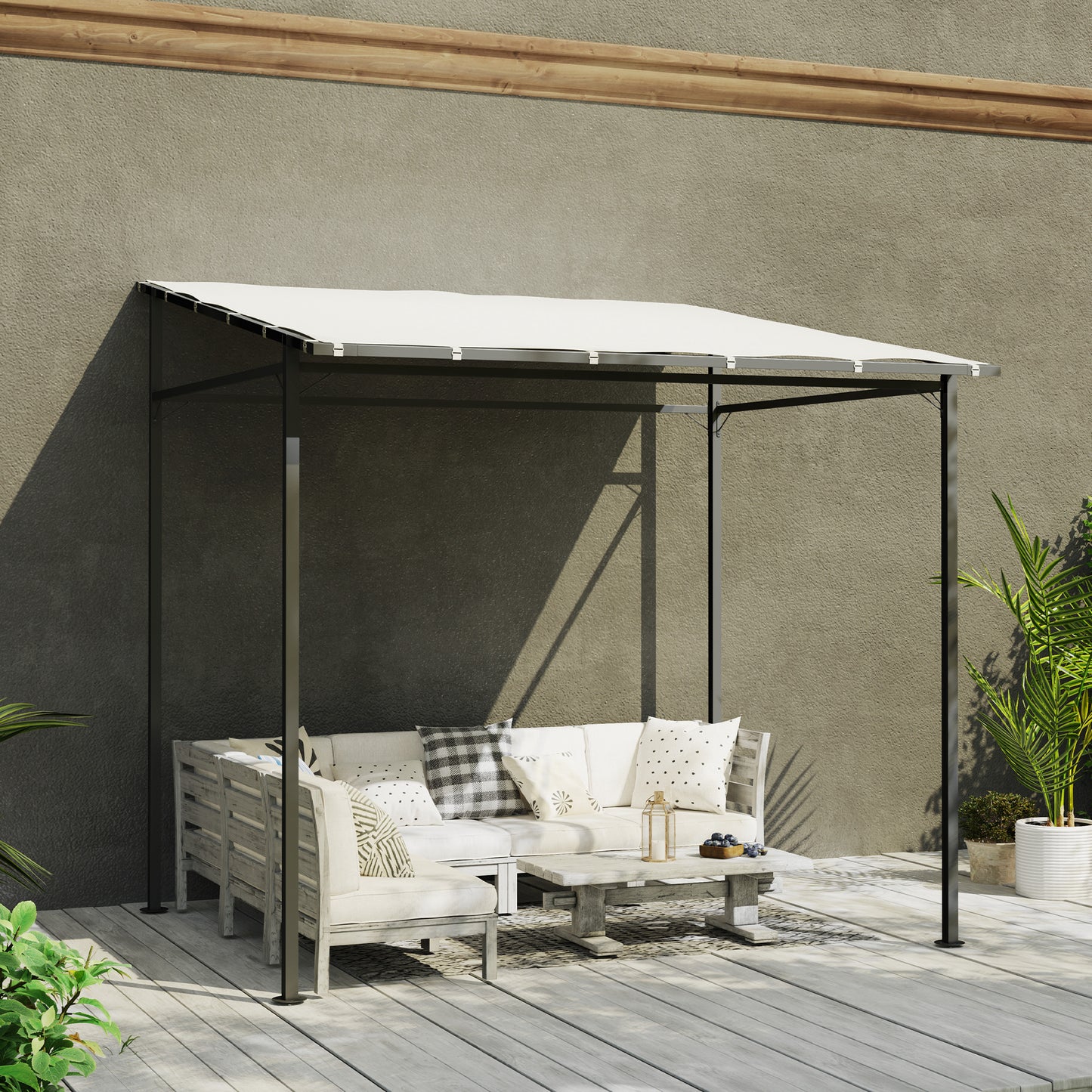 Outsunny Pérgola De Pared 2,4x2,4 M Con Techo Inclinado Protección Uv 30+ Crema_3