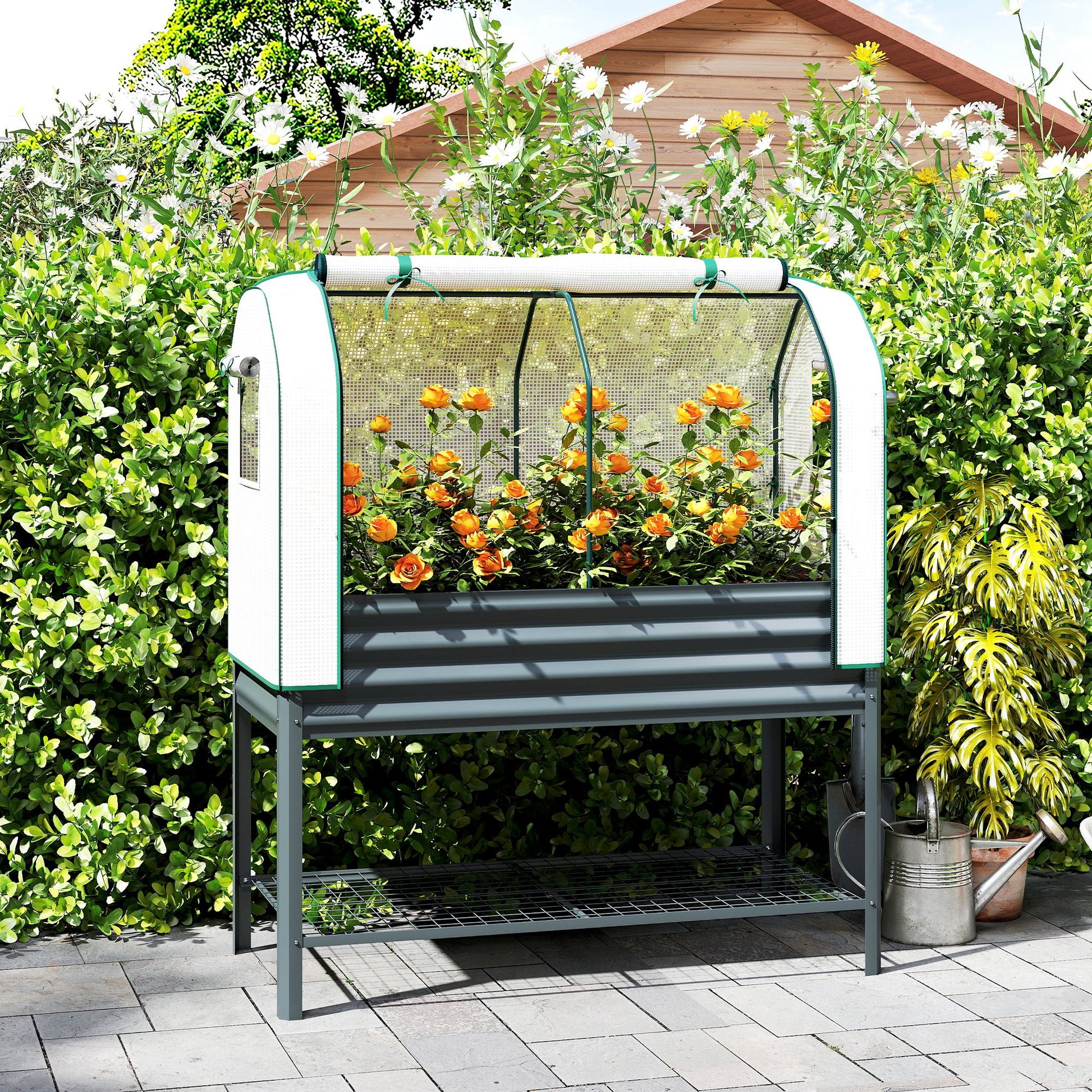 Outsunny Huerto Urbano Elevado Con Estante Y Cubierta 120x55x140 Cm Gris Oscuro_1
