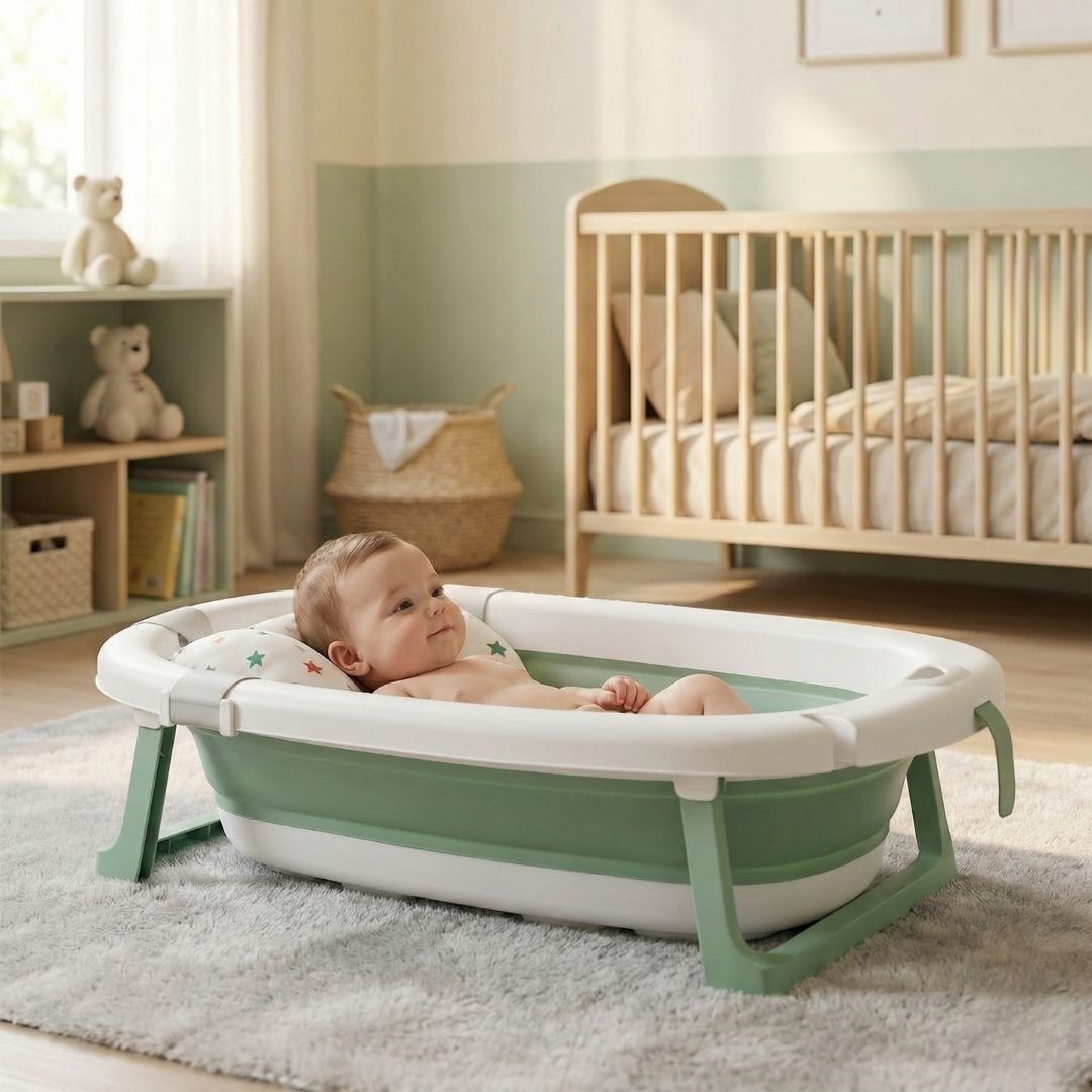 Bathby Bañera Plegable Verde Para Bebés, Cojín Reductor, Termómetro, Patas Antideslizantes (verde Pastel)_1