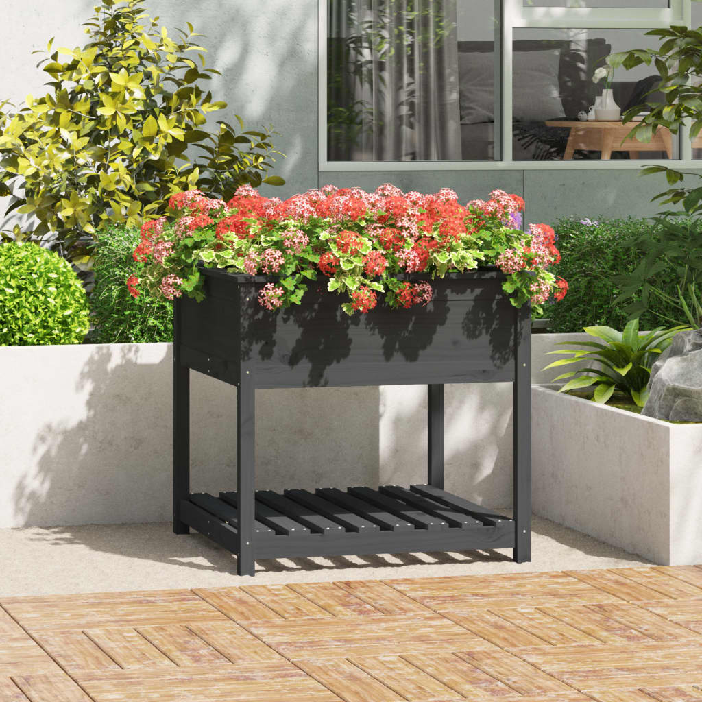 Jardinera Con Estante Madera Maciza Pino Gris 82,5x82,5x81 Cm_1