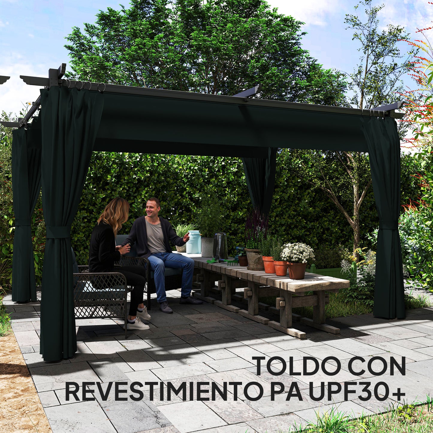 Outsunny Pérgola Con Techo Retráctil 4x3 M Paredes Laterales Anti-uv Gris Oscuro_5